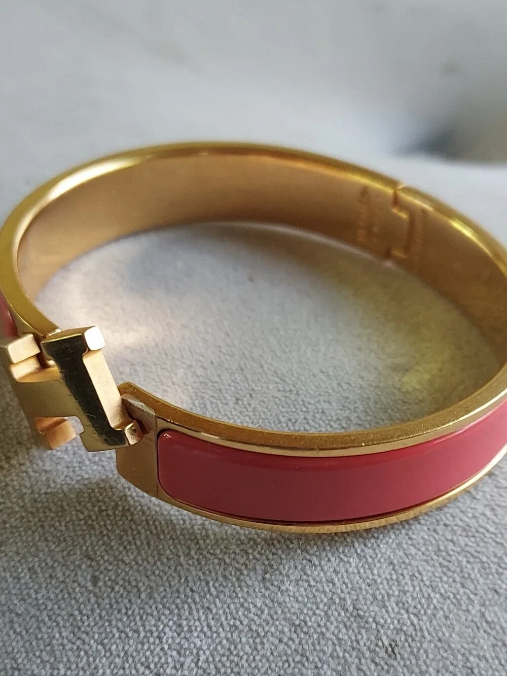 Hermes Clic H Bracelet Yellow Gold w/ Coral Pink Enamel H Clasp